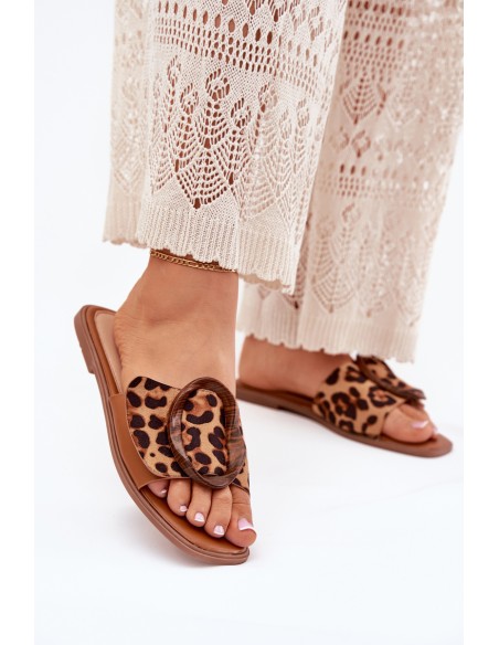 Flat Women's Slippers With Decorative Buckle Leopard Luwam