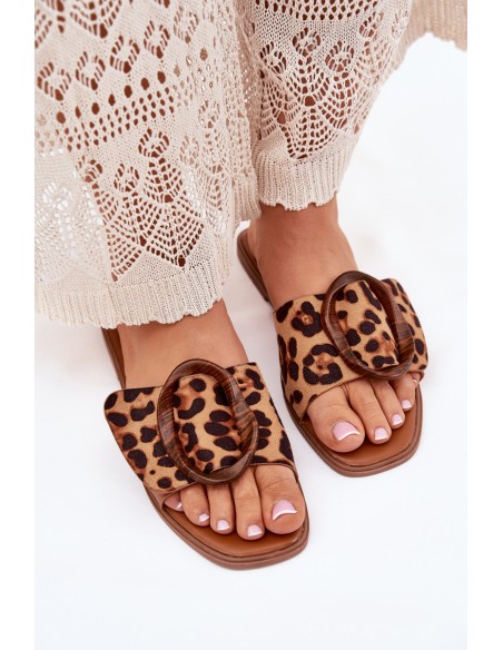 Flat Women's Slippers With Decorative Buckle Leopard Luwam