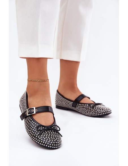 Embellished Ballet Flats With Bow And Strap Black Zdivisa