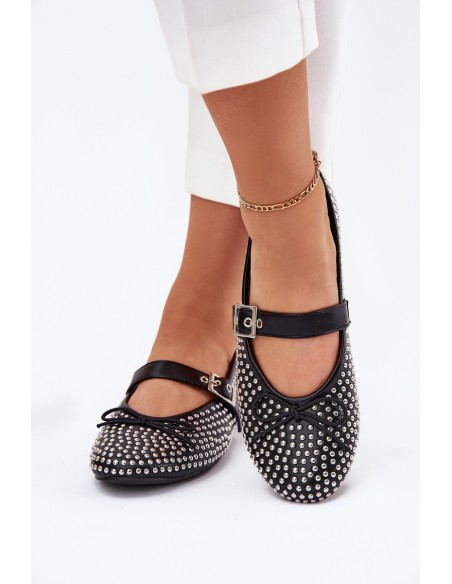 Embellished Ballet Flats With Bow And Strap Black Zdivisa
