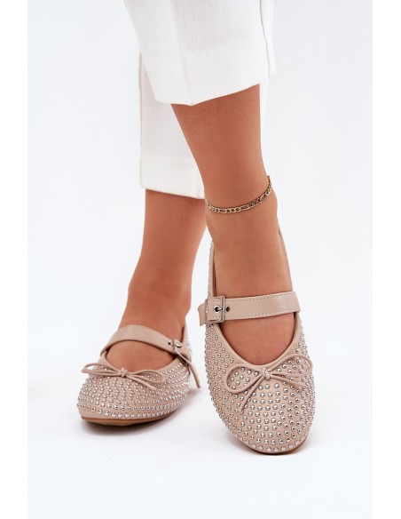 Embellished ballerinas with bow and strap beige Zdivisa