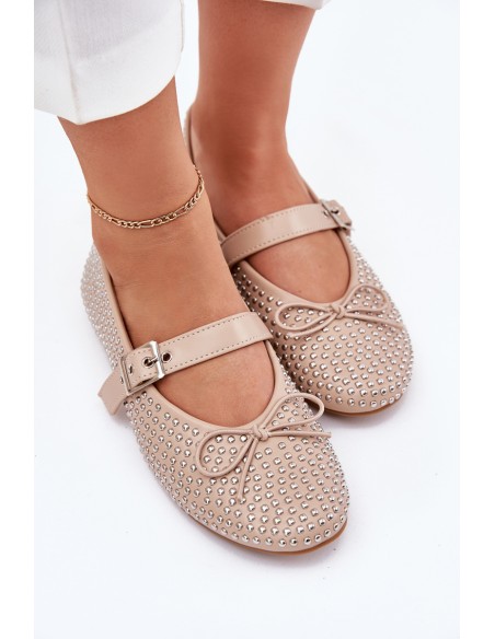 Embellished ballerinas with bow and strap beige Zdivisa