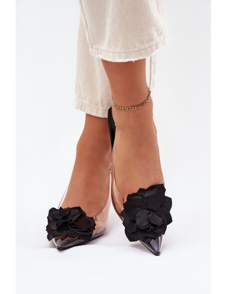 Transparent High Heel Sandals With Decorative Flower Black Risalie