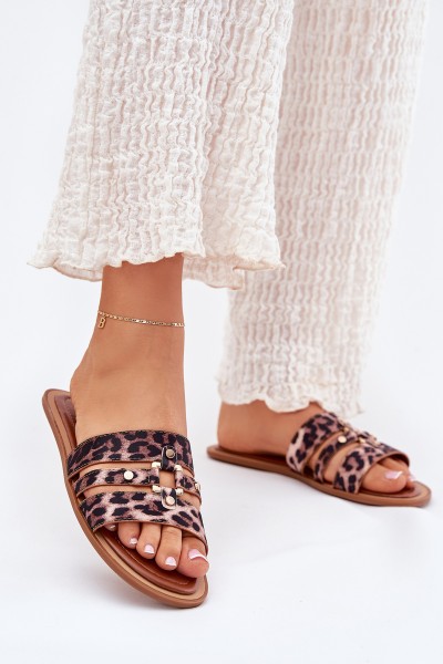Flat Women's Slippers With Gold Detail Leopard Noroti