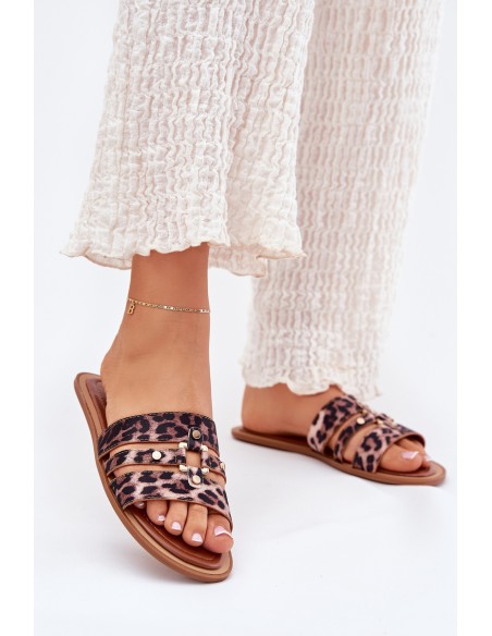 Flat Women's Slippers With Gold Detail Leopard Noroti