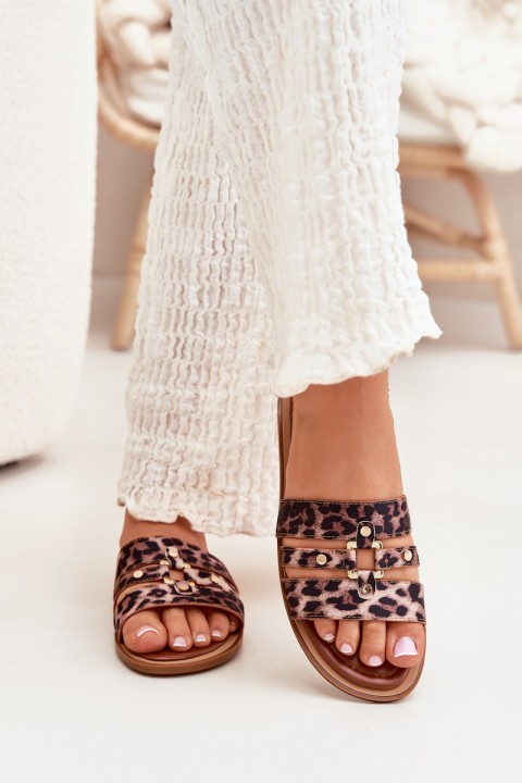 Flat Women's Slippers With Gold Detail Leopard Noroti