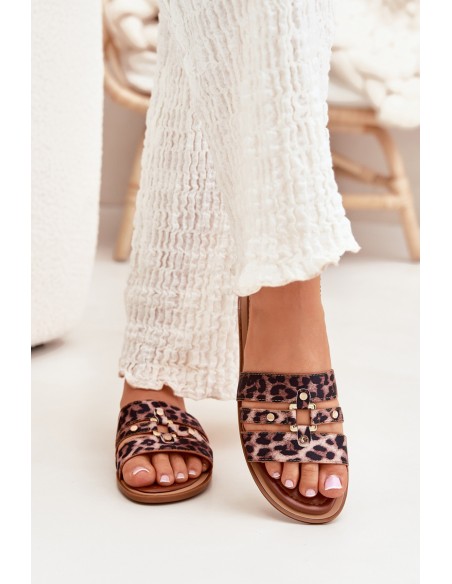 Flat Women's Slippers With Gold Detail Leopard Noroti