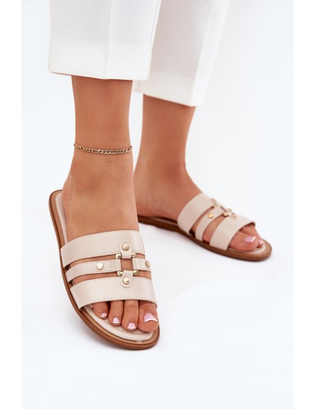 Flat Women's Slippers With Golden Detail Beige Noroti