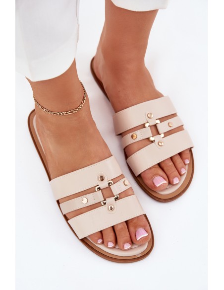 Flat Women's Slippers With Golden Detail Beige Noroti