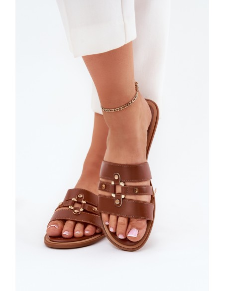 Flat Ladies Sandals With Golden Detail Camel Noroti