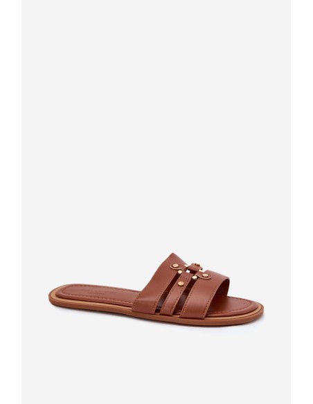 Flat Ladies Sandals With Golden Detail Camel Noroti