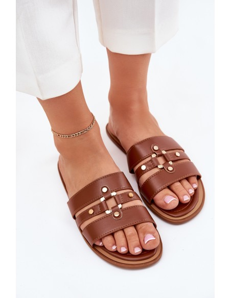 Flat Ladies Sandals With Golden Detail Camel Noroti