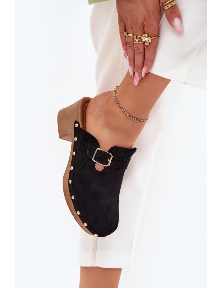 Women's Heeled Slippers With Buckle Black Veldexina