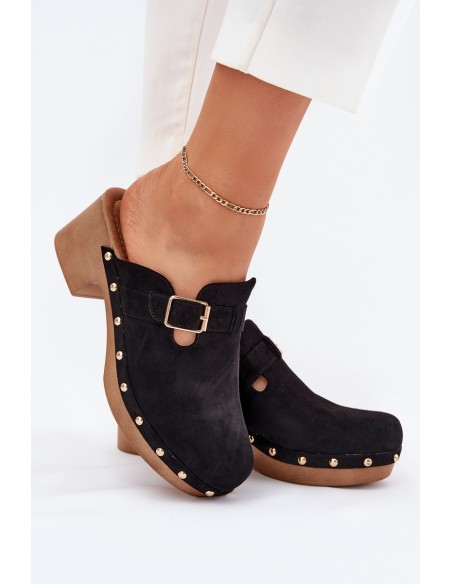 Women's Heeled Slippers With Buckle Black Veldexina