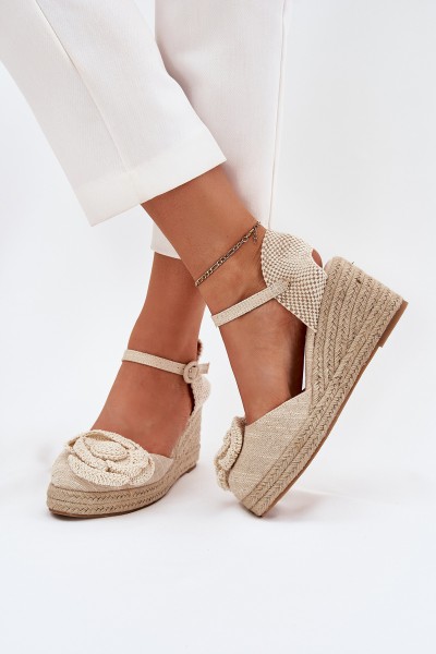 Women's Wedge Sandals With Braiding And Crocheted Flower Beige Ismilea
