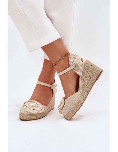 Women's Wedge Sandals With Braiding And Crocheted Flower Beige Ismilea