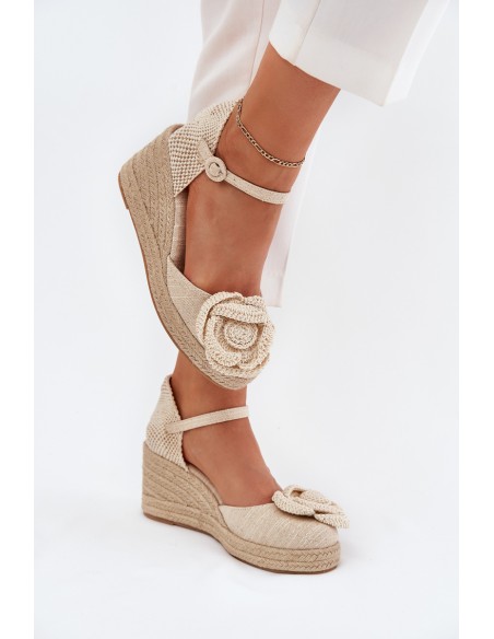 Women's Wedge Sandals With Braiding And Crocheted Flower Beige Ismilea