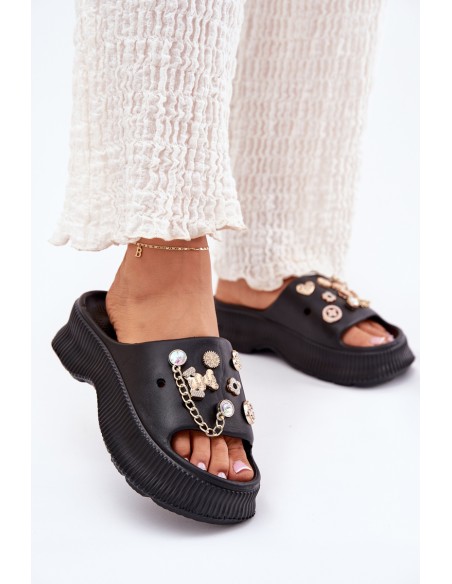 Foam Women's Slippers With Golden Accessories Black Hortiana