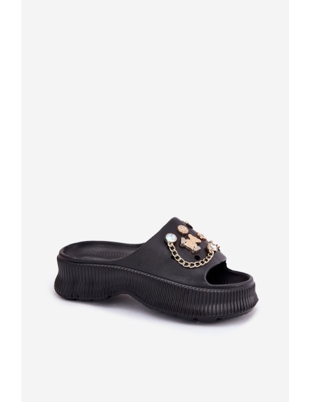 Foam Women's Slippers With Golden Accessories Black Hortiana