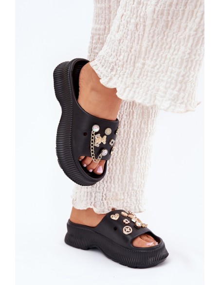 Foam Women's Slippers With Golden Accessories Black Hortiana