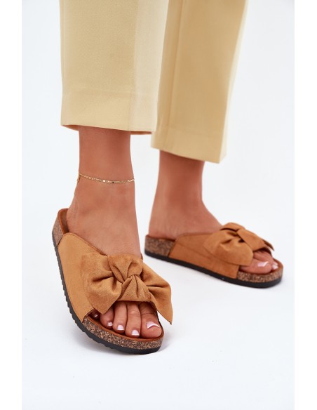 Women's Cork Sole Slippers With Bow Camel Seressa