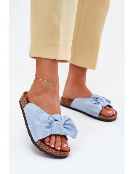Women's Cork Sole Slippers With Bow Blue Seressa