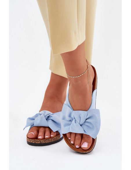 Women's Cork Sole Slippers With Bow Blue Seressa