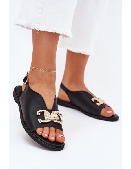 Women's Flat Sandals With Golden Decoration Black Amelira