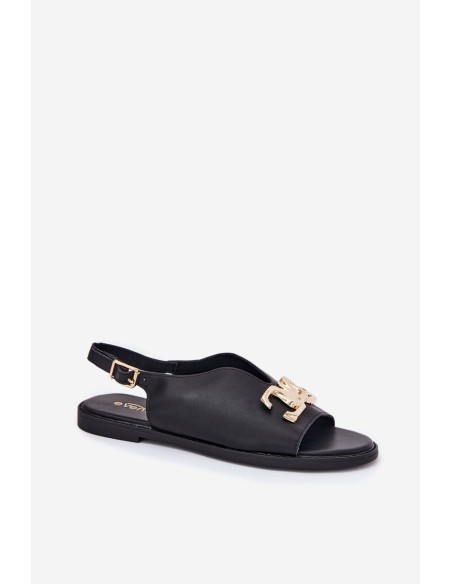 Women's Flat Sandals With Golden Decoration Black Amelira