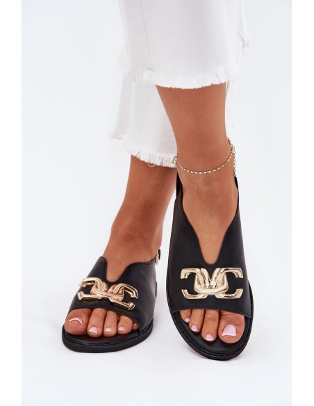 Women's Flat Sandals With Golden Decoration Black Amelira