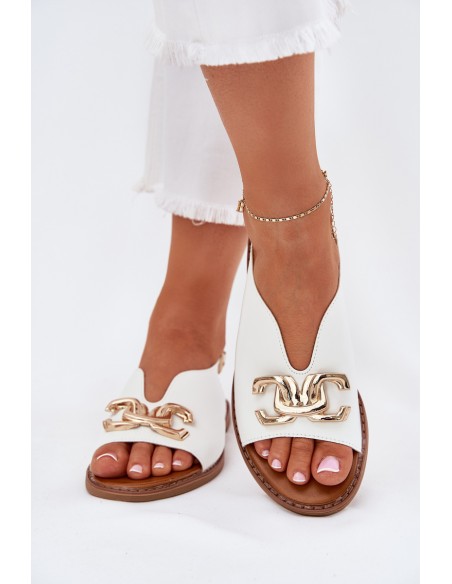 Women's Sandals With Flat Heel And Golden Decoration White Amelira