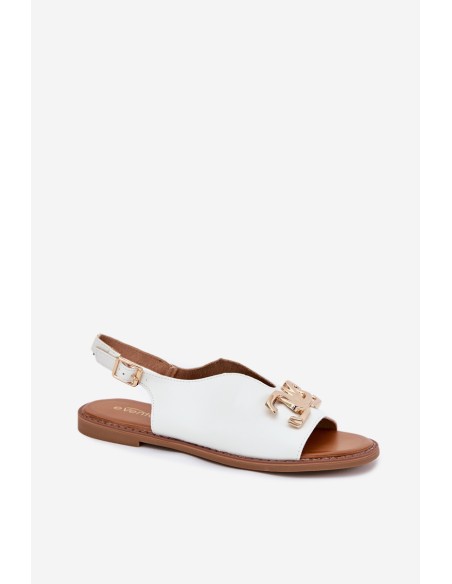 Women's Sandals With Flat Heel And Golden Decoration White Amelira