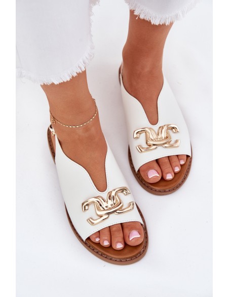 Women's Sandals With Flat Heel And Golden Decoration White Amelira