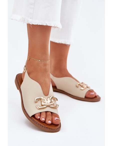 Women Sandals Flat Heel With Golden Decoration Beige Amelira