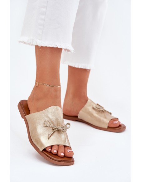 Moteriškos plokščios basutės su dekoratyviniu raišteliu, auksinės spalvos, Norela