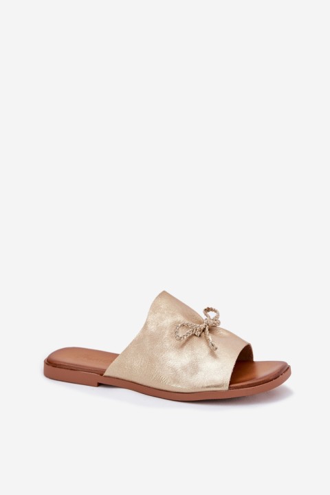 Moteriškos plokščios basutės su dekoratyviniu raišteliu, auksinės spalvos, Norela