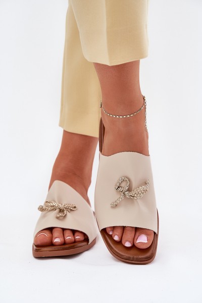 Women's sandals on a flat heel with decorative tying beige Norela