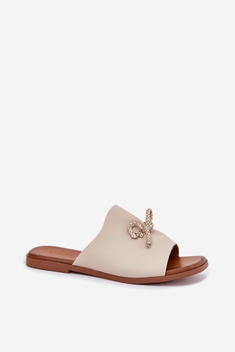 Moteriškos basutės plokščiu kulnu su dekoratyviniu raišteliu smėlio spalvos Norela