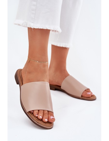 Ladies Leather Smooth Slippers Beige Cerise