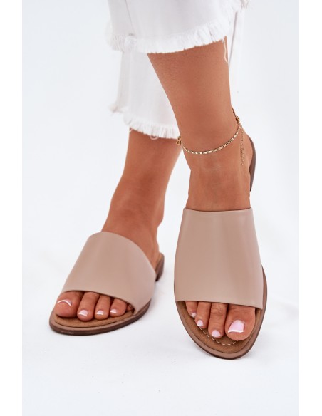 Ladies Leather Smooth Slippers Beige Cerise