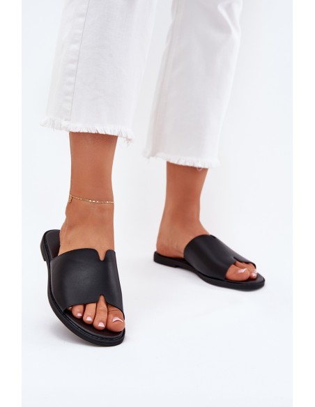 Women's Eco Leather Slippers On Flat Heel Black Kalimira
