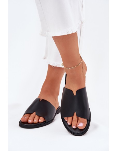 Women's Eco Leather Slippers On Flat Heel Black Kalimira