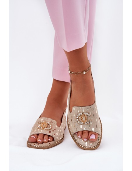 Leather Sandals With Decoration On Flat Heel S.Barski KV51-096 Gold