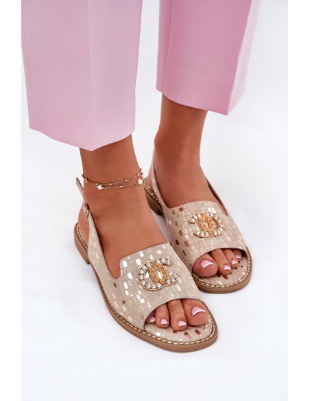 Leather Sandals With Decoration On Flat Heel S.Barski KV51-096 Gold