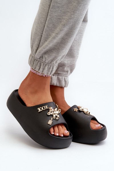 Moteriškos lengvos putplasčio šlepetės su dekoracijomis, juodos, orchija