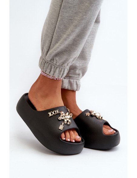 Women's Lightweight Foam Slides with Decorations Black Orchia