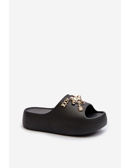 Women's Lightweight Foam Slides with Decorations Black Orchia