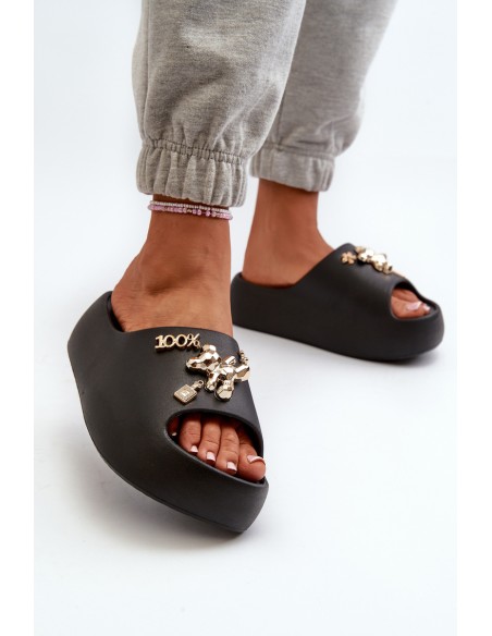 Women's Lightweight Foam Slides with Decorations Black Orchia