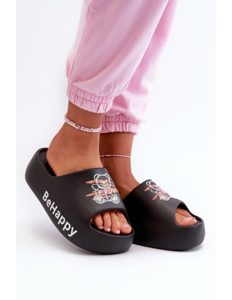 Light Women's Flip Flops on Thick Sole with Teddy Bear Foam Black Serefina