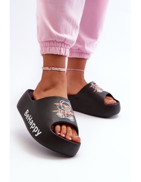 Light Women's Flip Flops on Thick Sole with Teddy Bear Foam Black Serefina